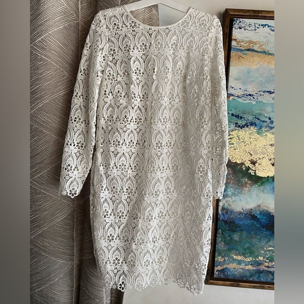Club Monaco White Lace Crochet Cover Up Dress Long Sleeve Boho Tribal Beach Sz 0